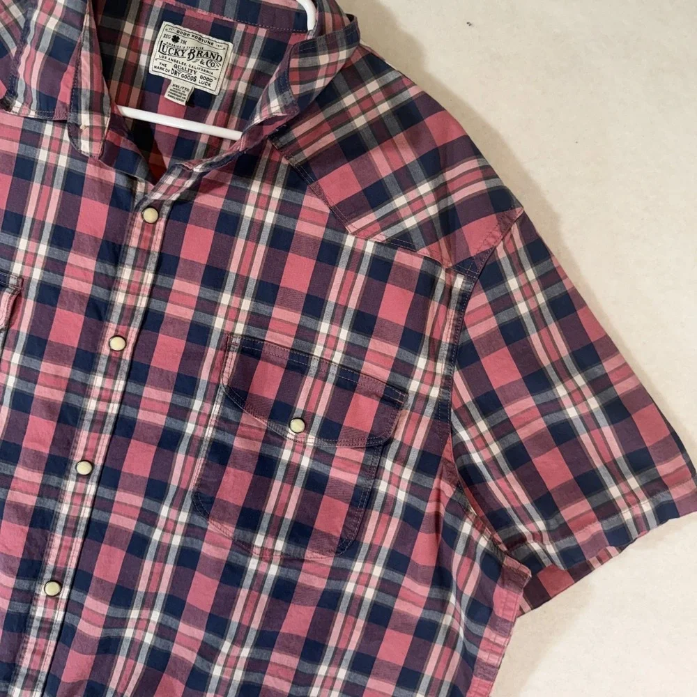 Lucky Brand Mens XXL Pink Navy Plaid Short Sleeve Pearl Snap‎ Western Shirt Y2K